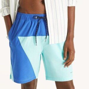 Nautica XL 8" Diamond Swim Trunks Quick Dry Performance Colorblock Blue Aqua NEW